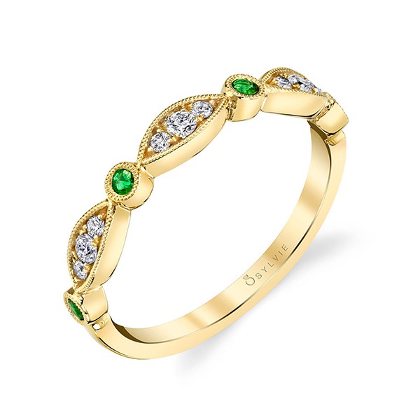 Vintage Inspired Emerald and Diamond Stackable Band